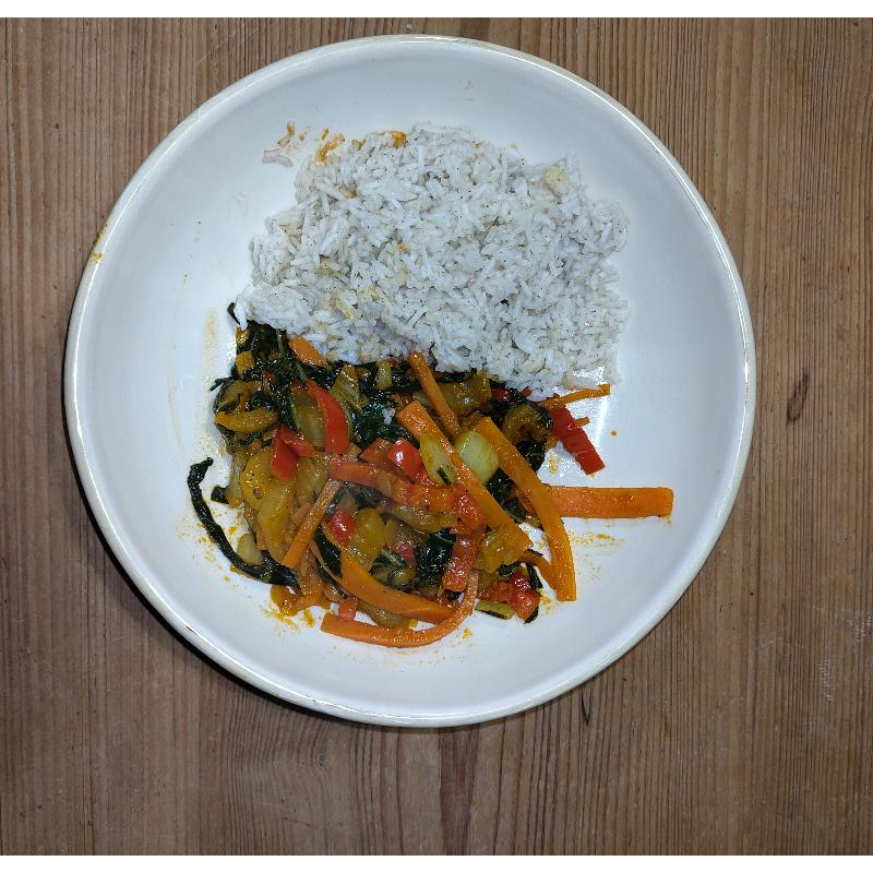 Pak Choi mit Gemüse und Reis